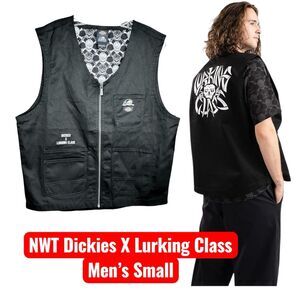 Dickies Lurking Class Jean Denim Black VEST Jacket Snap Mens S Goth Grunge Bike